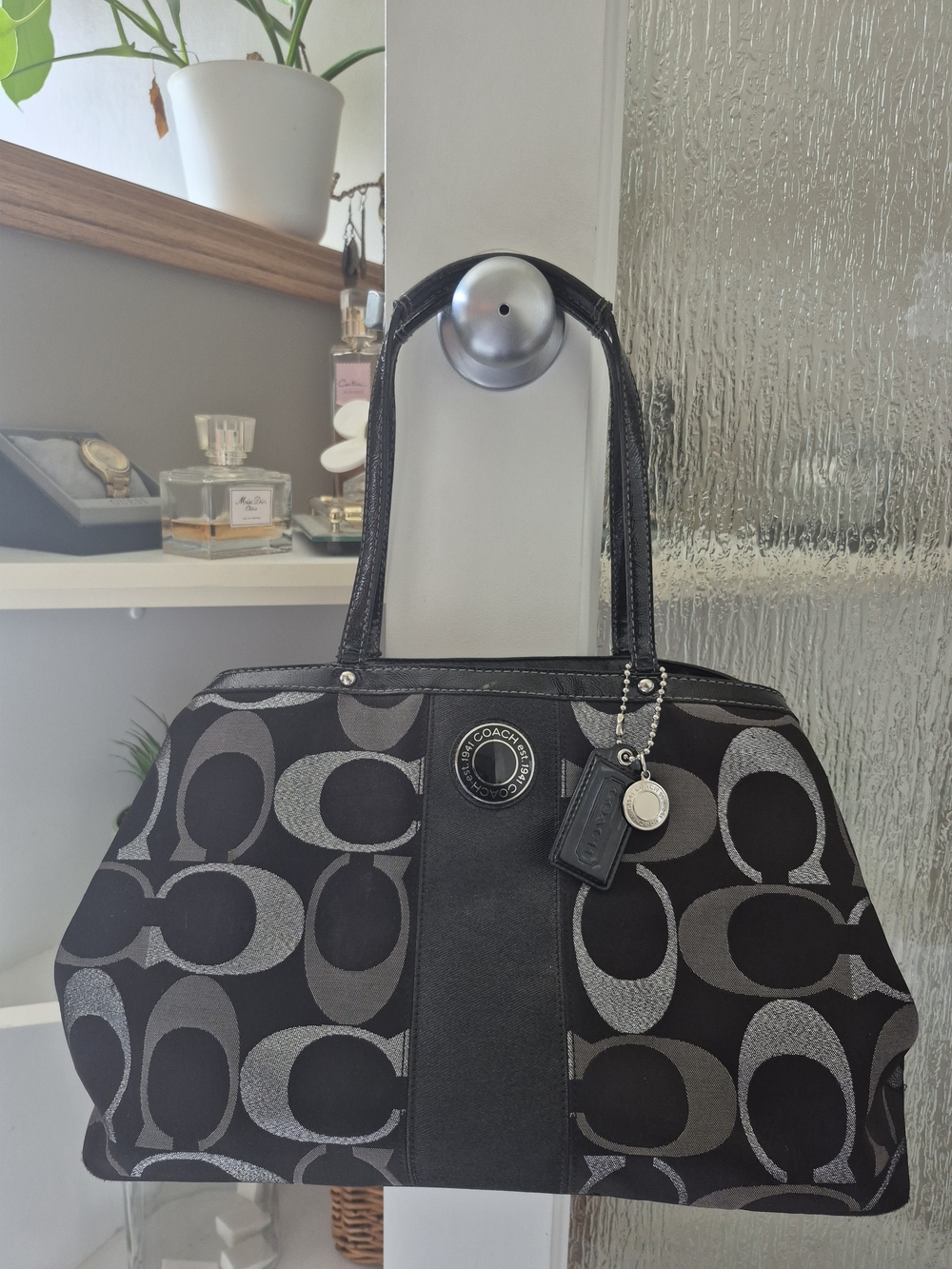 Coach Black and Gray Signature Canvas Tote with Leather Trim and Charm